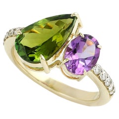 Toi Et Moi Anello a fascia con tormalina verde e ametista, con diamanti in pavé
