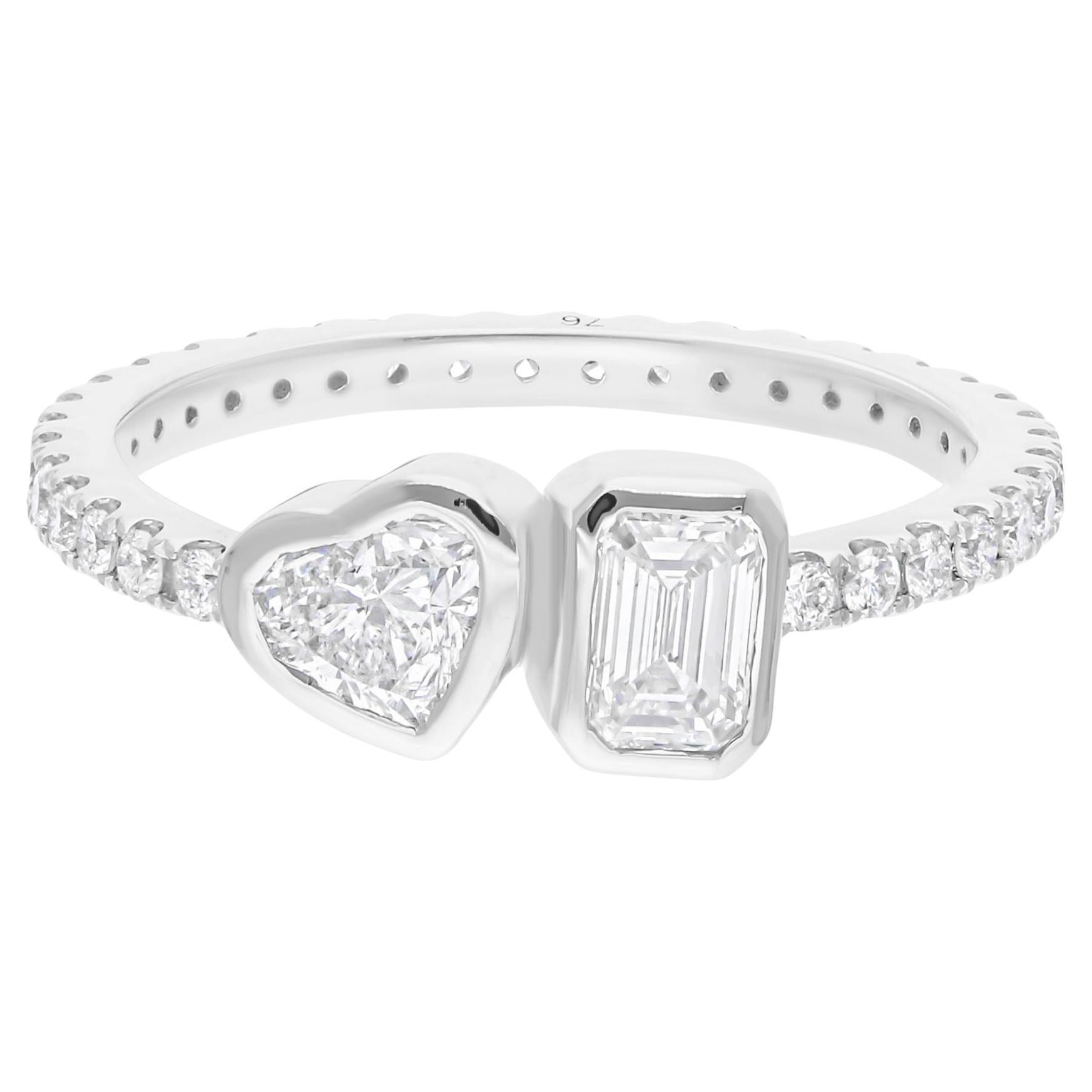 Toi et Moi Anillo de Compromiso Corazón y Diamante talla Esmeralda Oro Blanco 18 Kilates