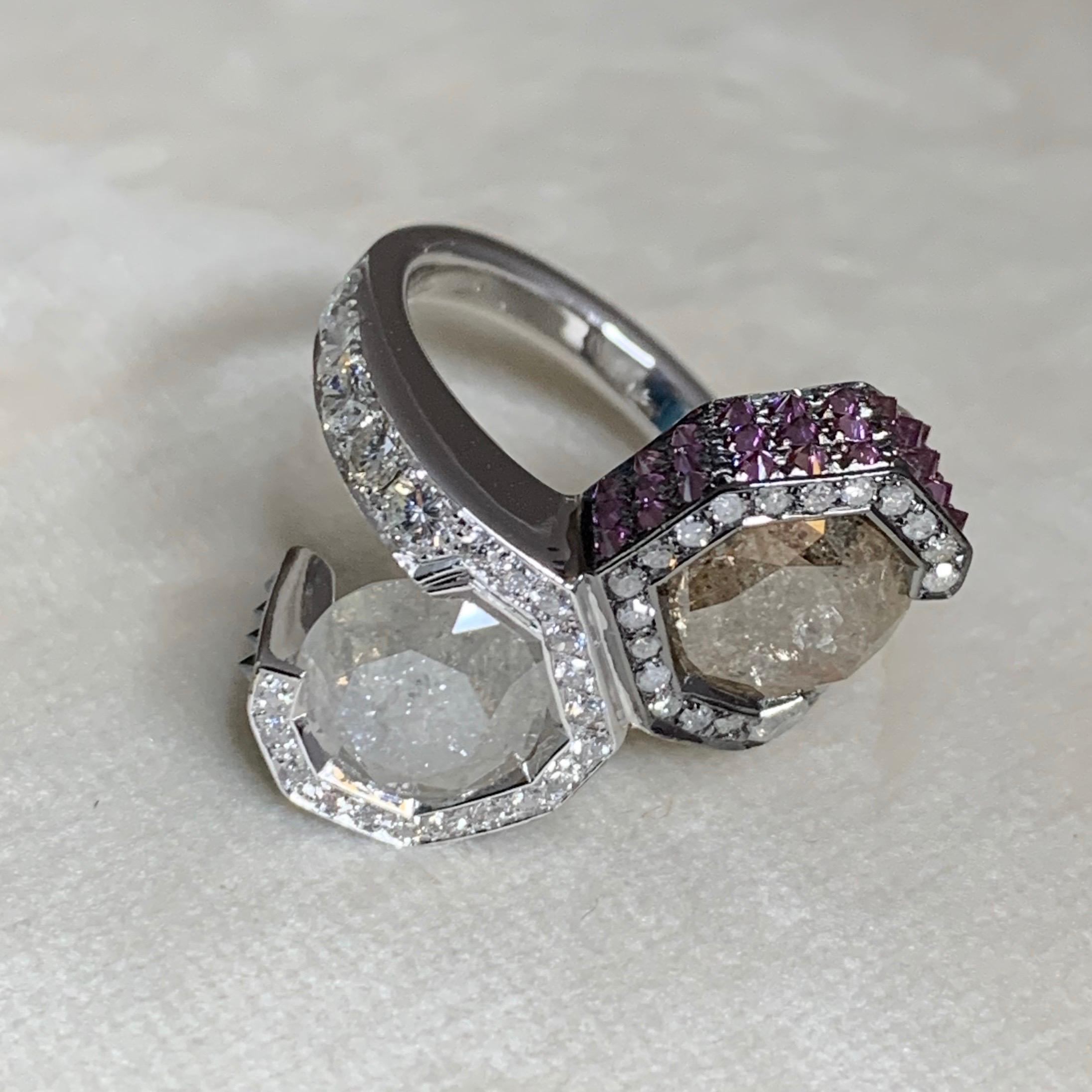 One of a kind Toi et Moi ring made in Belgium in 2015 by jewellery artist Joke Quick, 
in 18K white gold 13,3g. 
Set with Icy, white, natural coloured blue & Purple upside down set brilliant-cut diamonds. 

The 2 centerstones are icy diamonds, 2.42