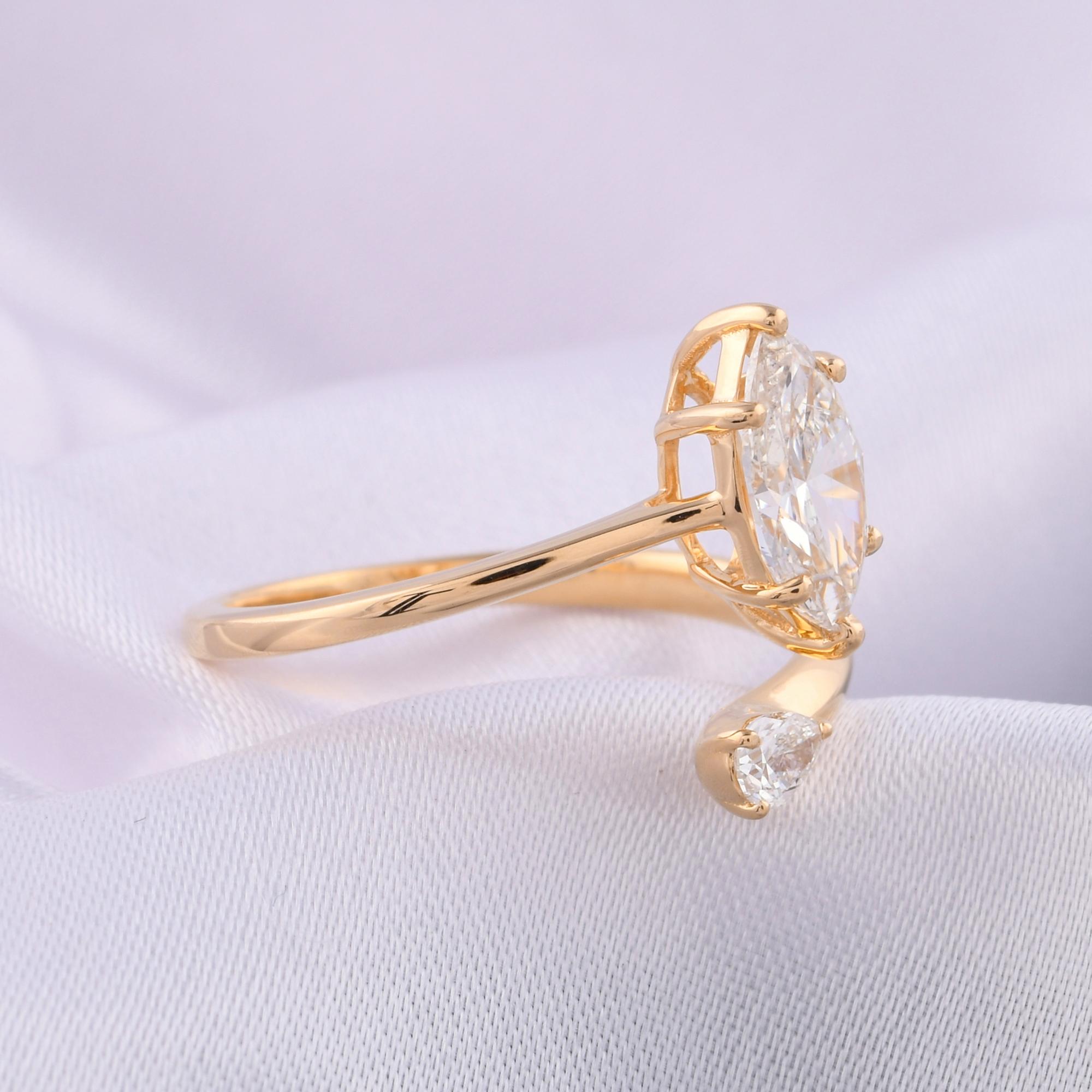 Taille Marquise Toi et Moi Bague ouverte en or jaune 14K avec diamant marquise et poire Bijoux fins en vente