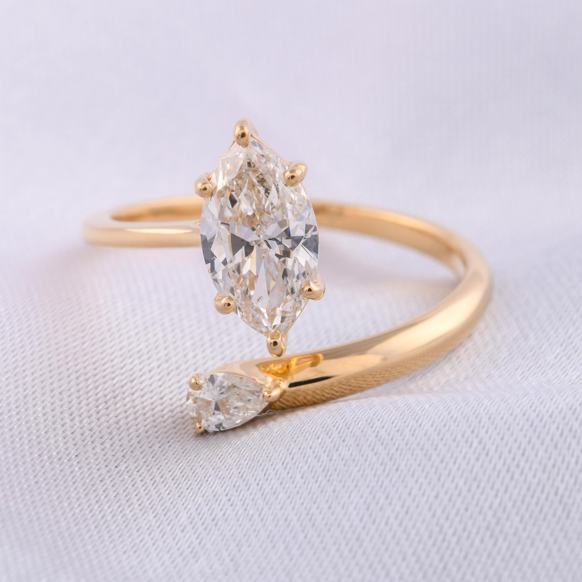 Toi et Moi Bague ouverte en or jaune 14K avec diamant marquise et poire Bijoux fins Pour femmes en vente