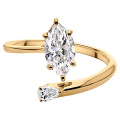 Toi et Moi Bague ouverte en or jaune 14K avec diamant marquise et poire Bijoux fins