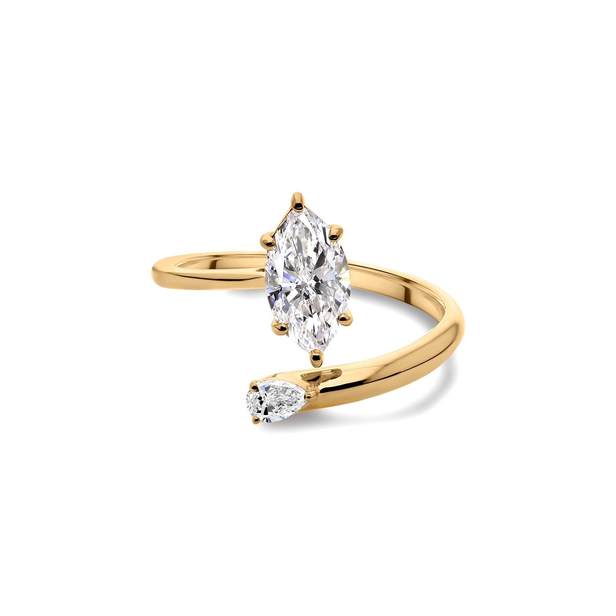 Moderne Toi et Moi Bague ouverte en or jaune 18 carats avec diamant marquise et poire Bijoux fins en vente