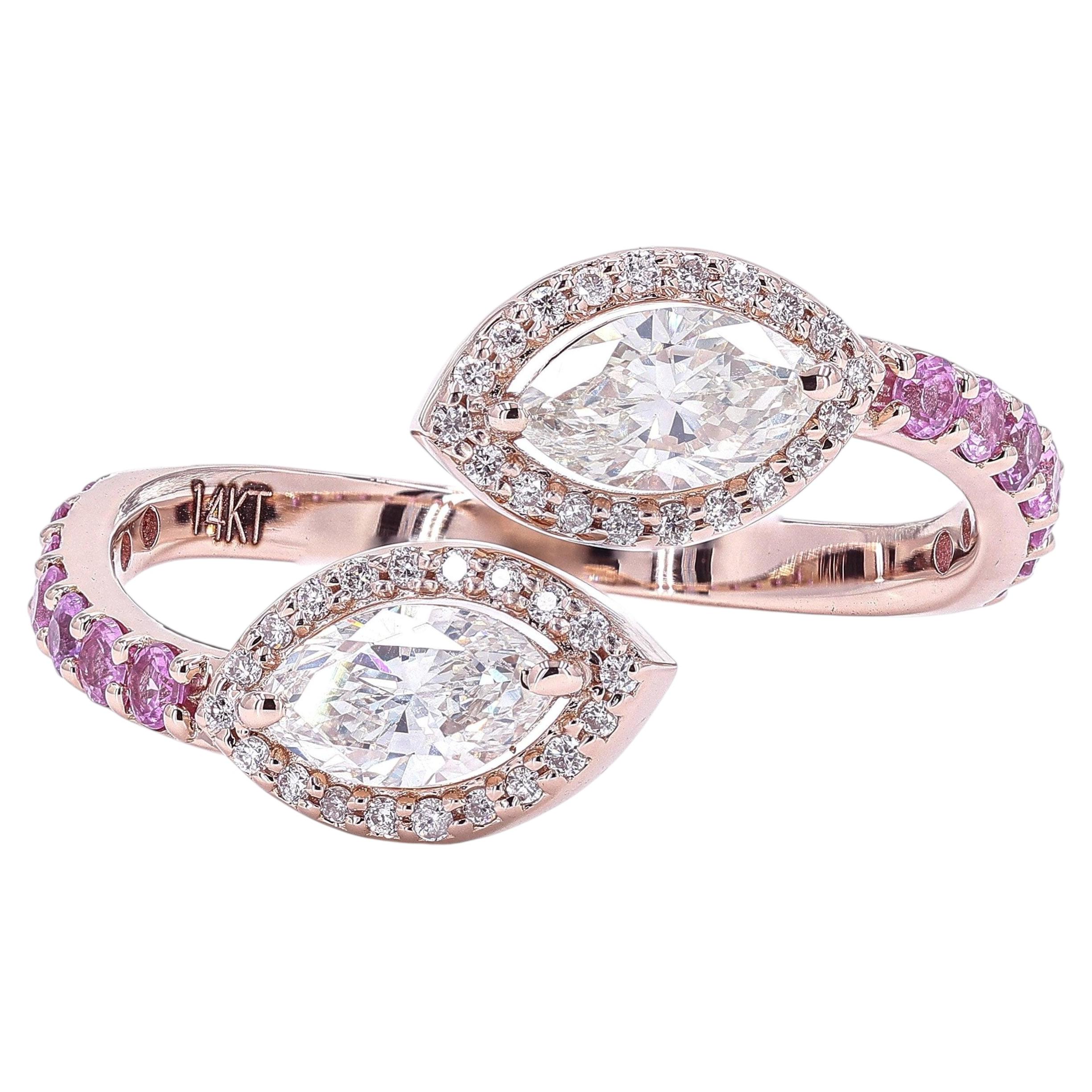 Toi Et Moi Marquise Natural Diamond Bypass Ring in 14k Solid Gold (Certified)