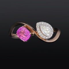 Toi Et Moi Natural Pink Sapphire and Pear Shape Diamond Ring in 18K Rose Gold