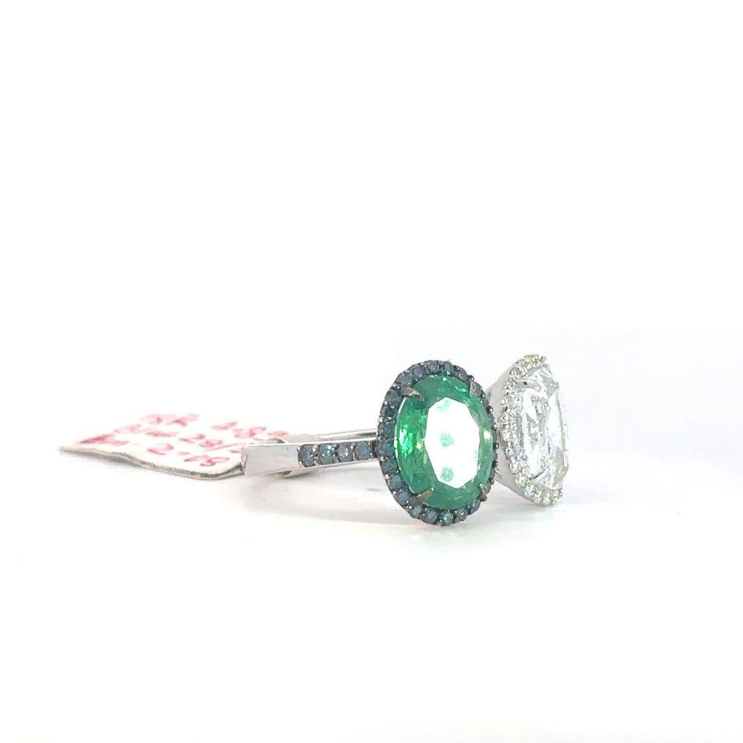Modern Toi-et-Moi Oval Emerald With Half Moon Diamond Rose Cut Ring For Sale