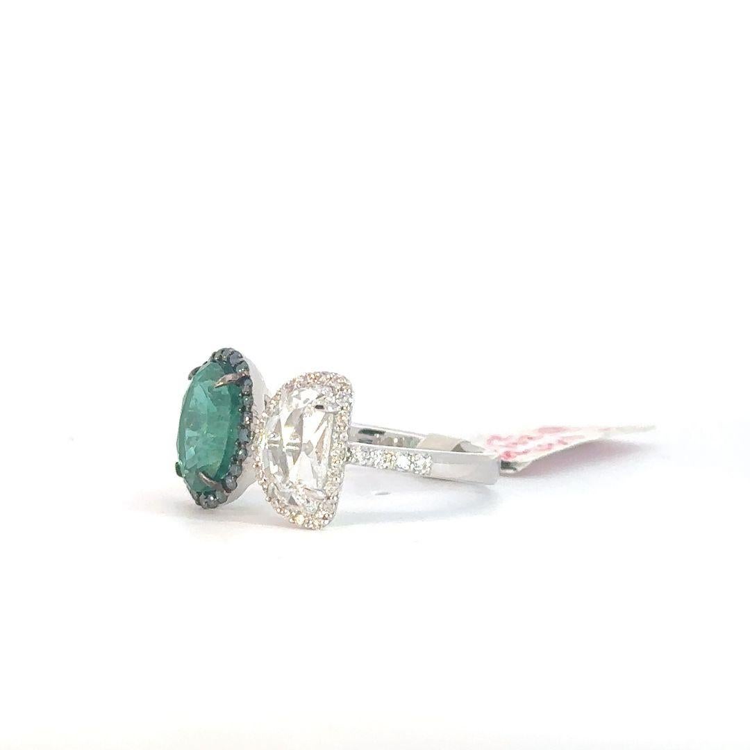 Oval Cut Toi-et-Moi Oval Emerald With Half Moon Diamond Rose Cut Ring For Sale