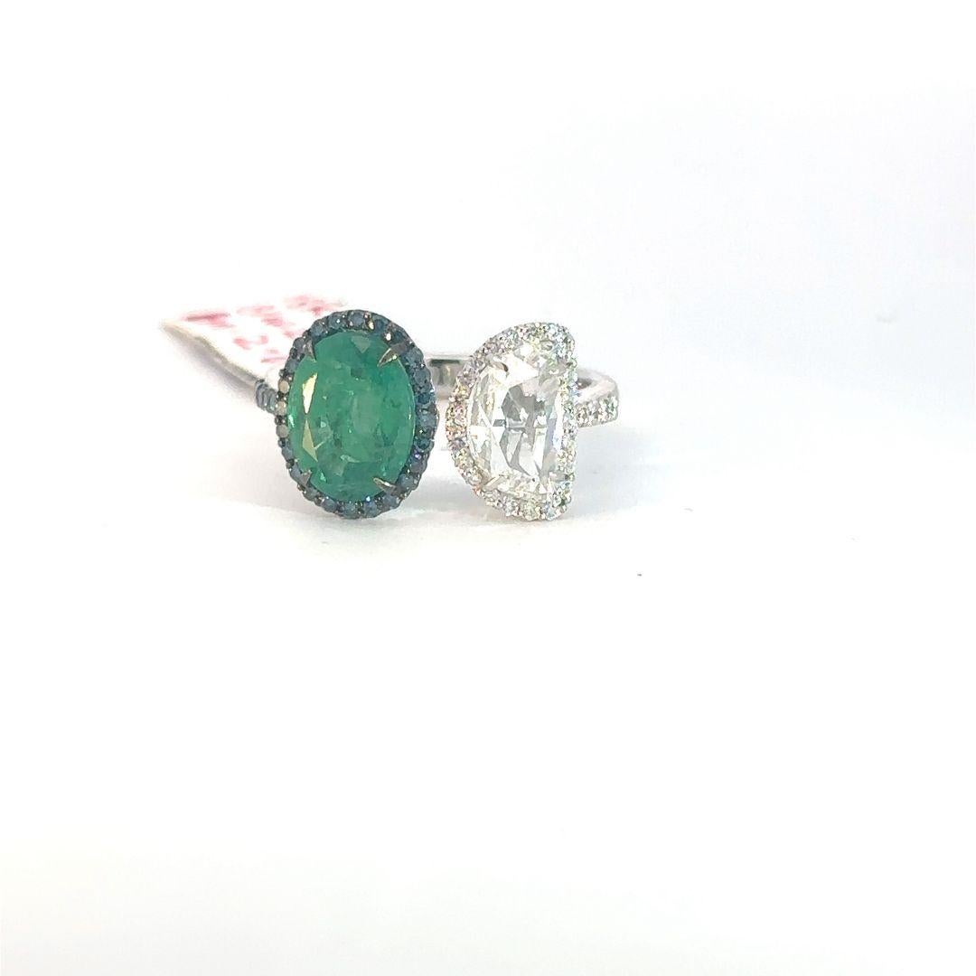 Toi-et-Moi Oval Emerald With Half Moon Diamond Rose Cut Ring In New Condition For Sale In New York, NY