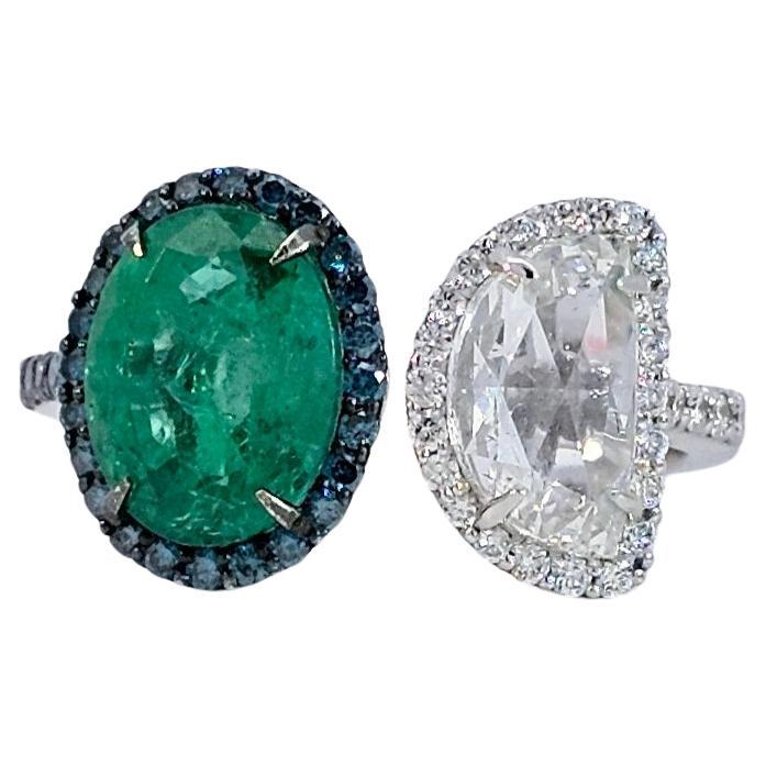 Toi-et-Moi Oval Emerald With Half Moon Diamond Rose Cut Ring