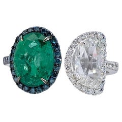 Toi-et-Moi Oval Emerald With Half Moon Diamond Rose Cut Ring