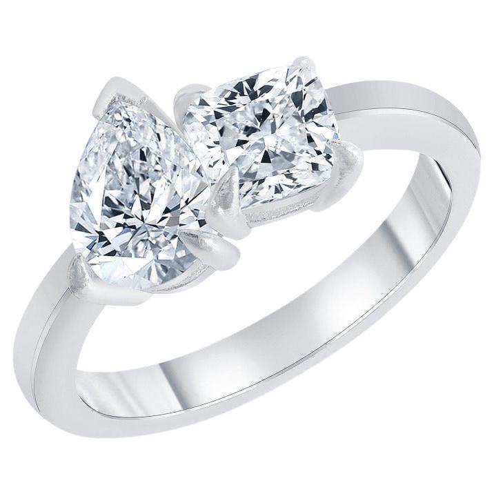 For Sale:  Toi et Moi Pear and Cushion Diamond Engagement Ring 1.00 Carat