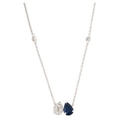 Toi et Moi Pear Cut Blue Sapphire & Diamond Pendant Necklace in 14K White Gold
