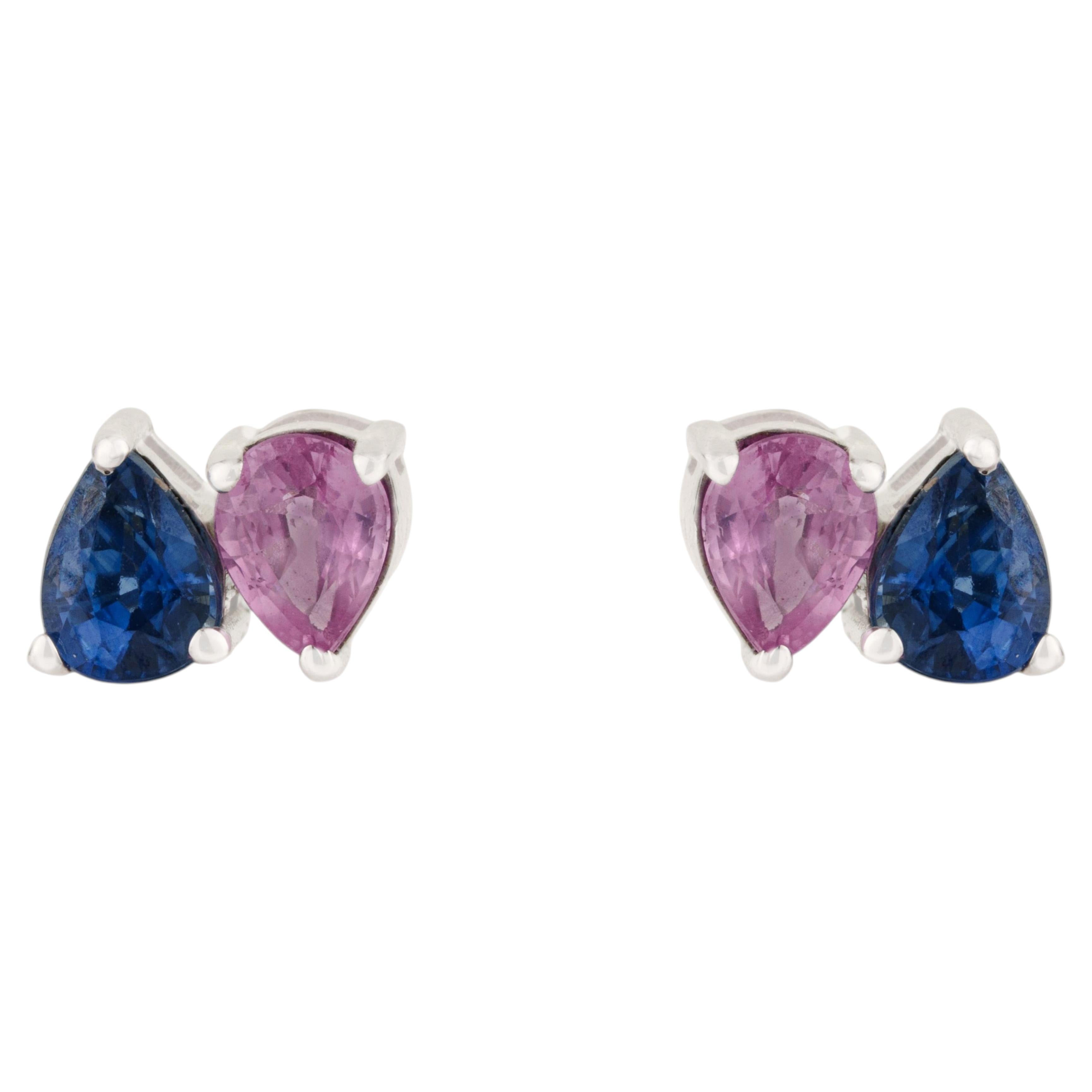 Toi et Moi Ohrstecker mit blauem Saphir und rosa Saphir im Birnenschliff 18K Weißgold