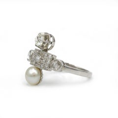 “Toi et Moi” Pearl & Diamond Ring in 18K White Gold, French Size 53 (US 6½)
