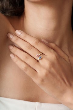 Toi et Moi Pink & Blue Sapphire Diamond Baguette Open Ring in 14K Yellow Gold