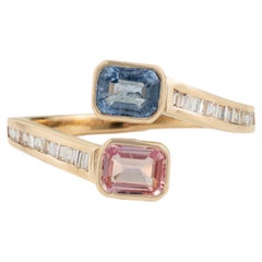 Toi et Moi Pink & Blue Sapphire Diamond Baguette Open Ring in 14K Yellow Gold
