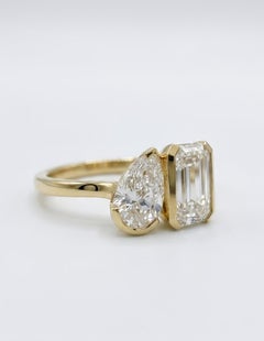 Toi Et Moi Ring Emerald And Pear Cut, 925 Silver Two Stone Engagement Ring.