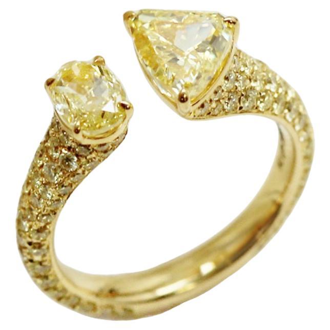 Toi et Moi Ring Fancy Intense Yellow Diamond Trilliant & Oval Cut Scarselli GIA  For Sale