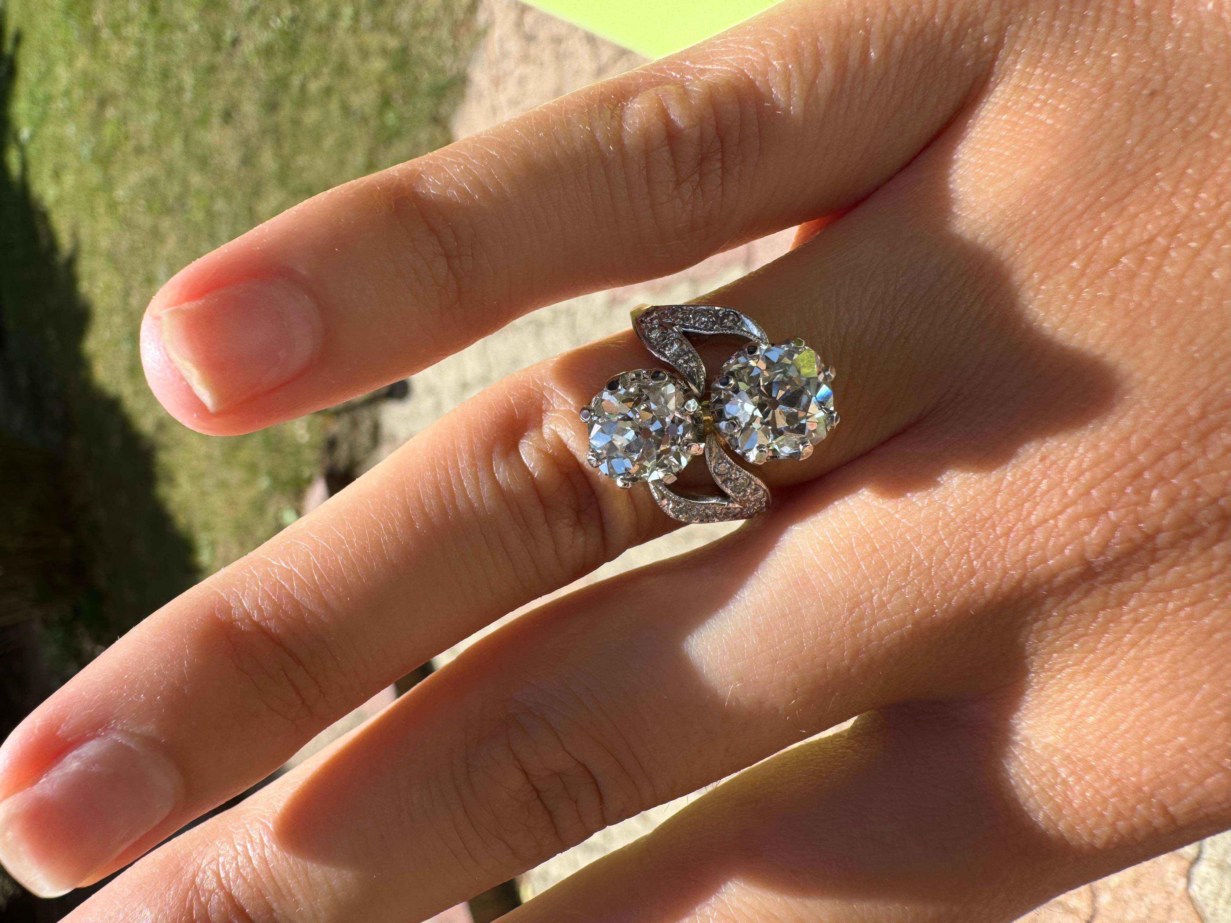 Bague Toi et Moi, diamants taille ancienne certifiés GIA, de 3,71 carats au total, 19e en vente 1