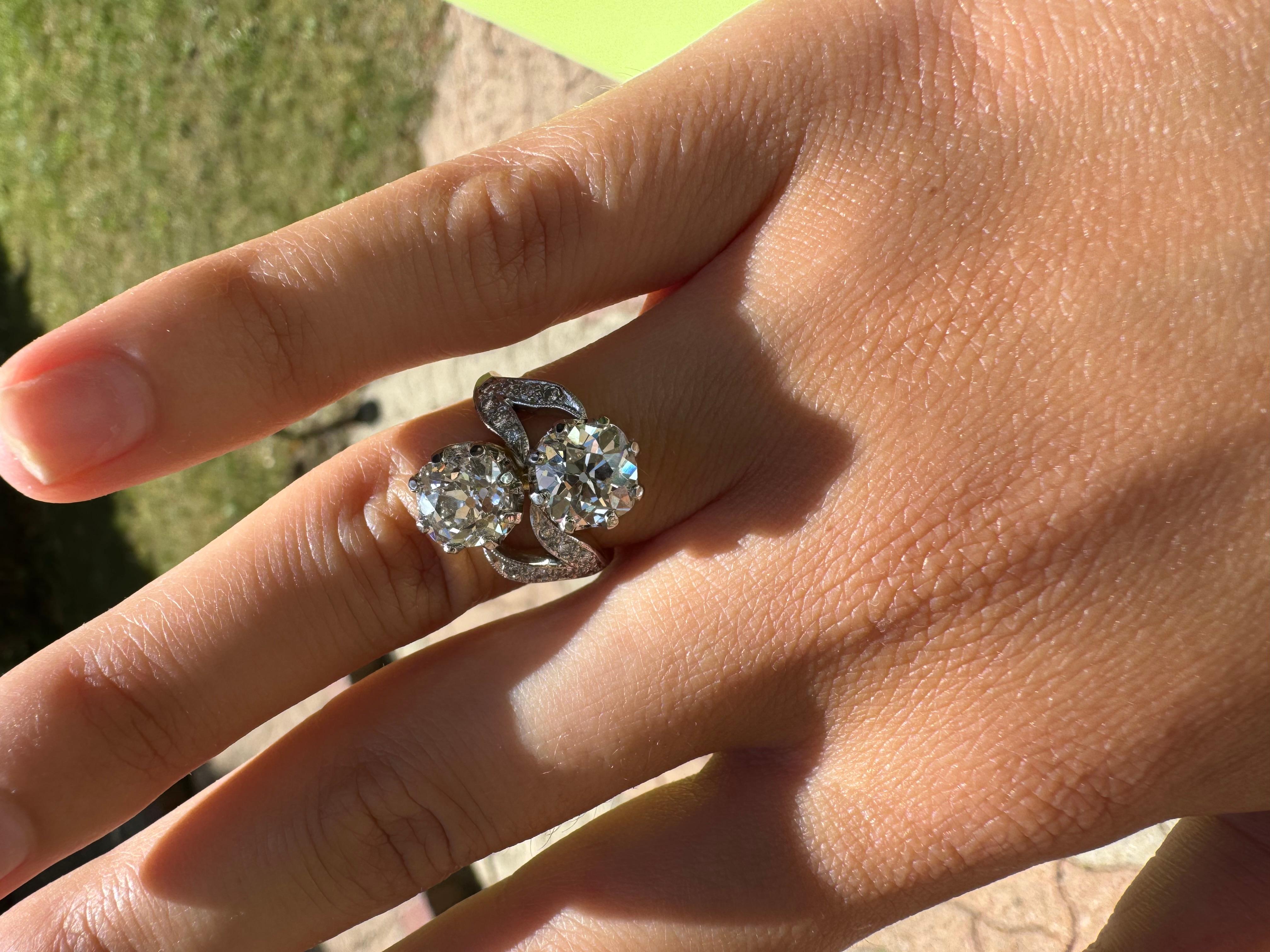 Bague Toi et Moi, diamants taille ancienne certifiés GIA, de 3,71 carats au total, 19e en vente 2
