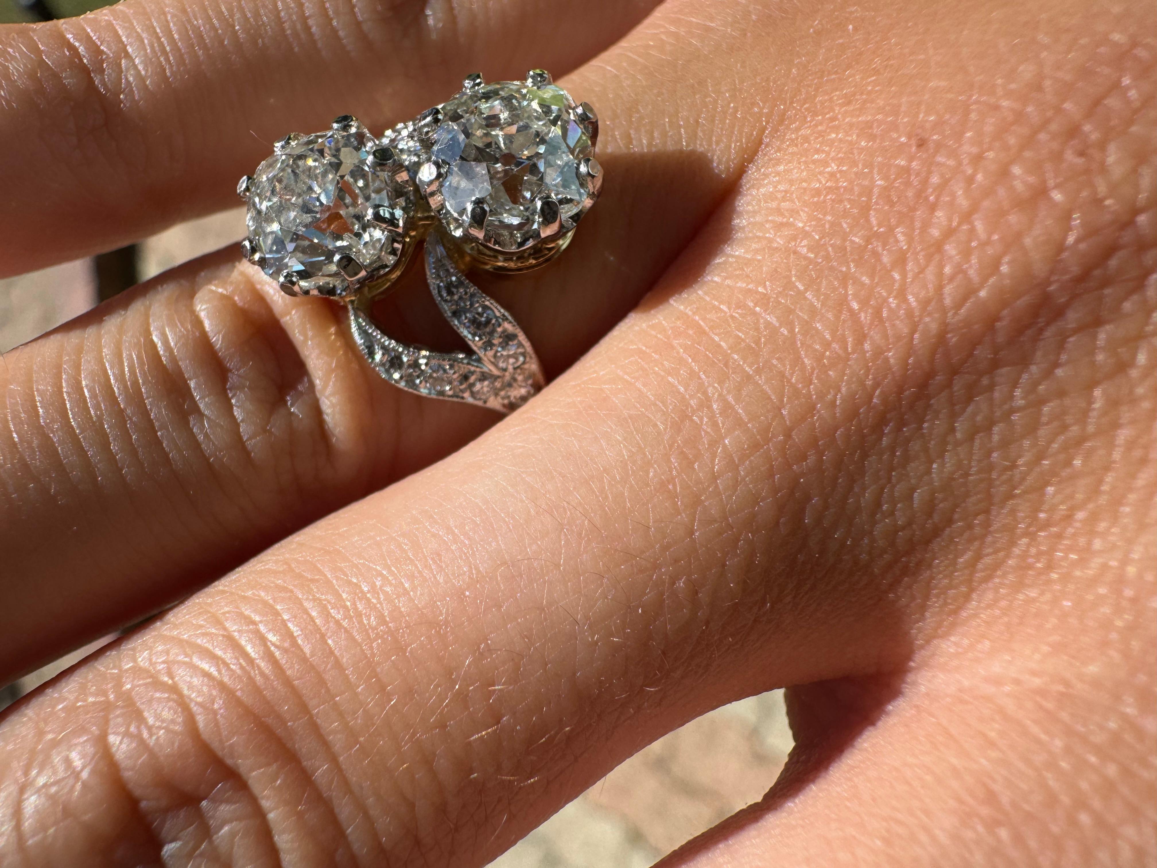 Bague Toi et Moi, diamants taille ancienne certifiés GIA, de 3,71 carats au total, 19e en vente 3