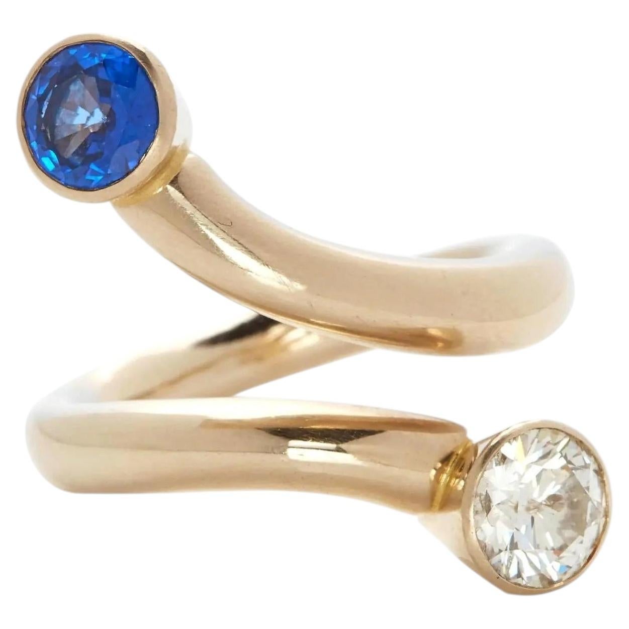 Toi-et-Moi Ring in 18K Yellow Gold Diamond 1.20 ct & Sapphire 1.00 ct For Sale
