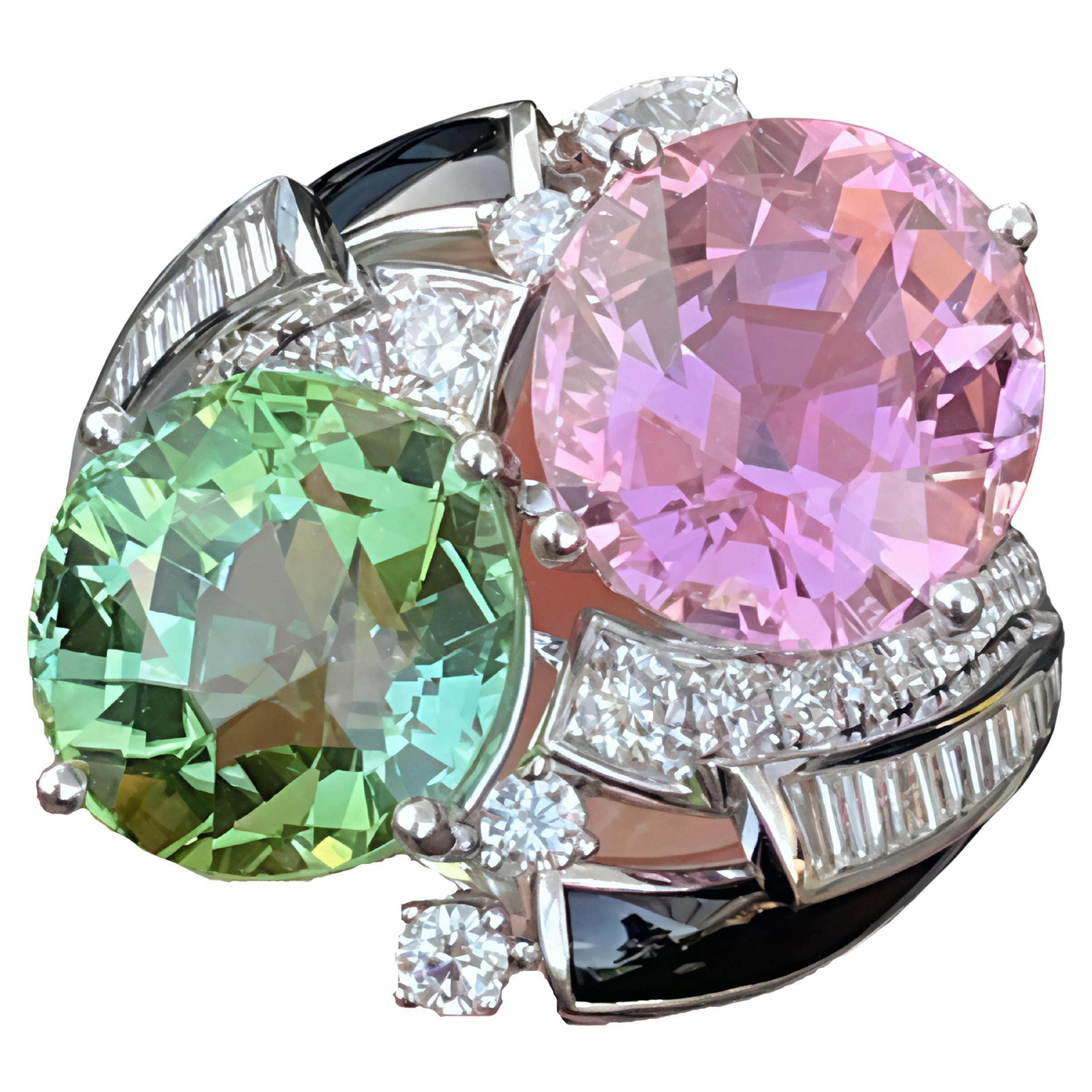 12.63Ct Pink&Green Tourmalines Enamel and Emerald Diamond Toi et Moi Ring
