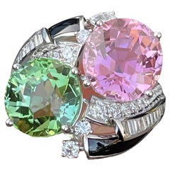 12.63Ct Pink&Green Tourmalines Enamel and Emerald Diamond Toi et Moi Ring