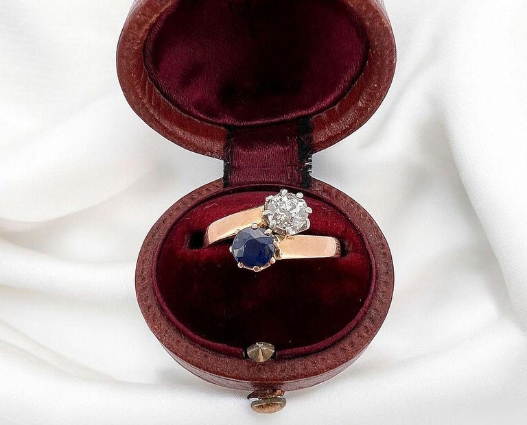 Bague Toi Et Moi Or 18k Et Platine Diamants 0,95 Carat + Saphir - Époque 1900, Taille 55