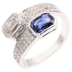 Toi Et Moi Ring with Radiant Cut Blue Sapphire & Diamond Made in 18k White Gold