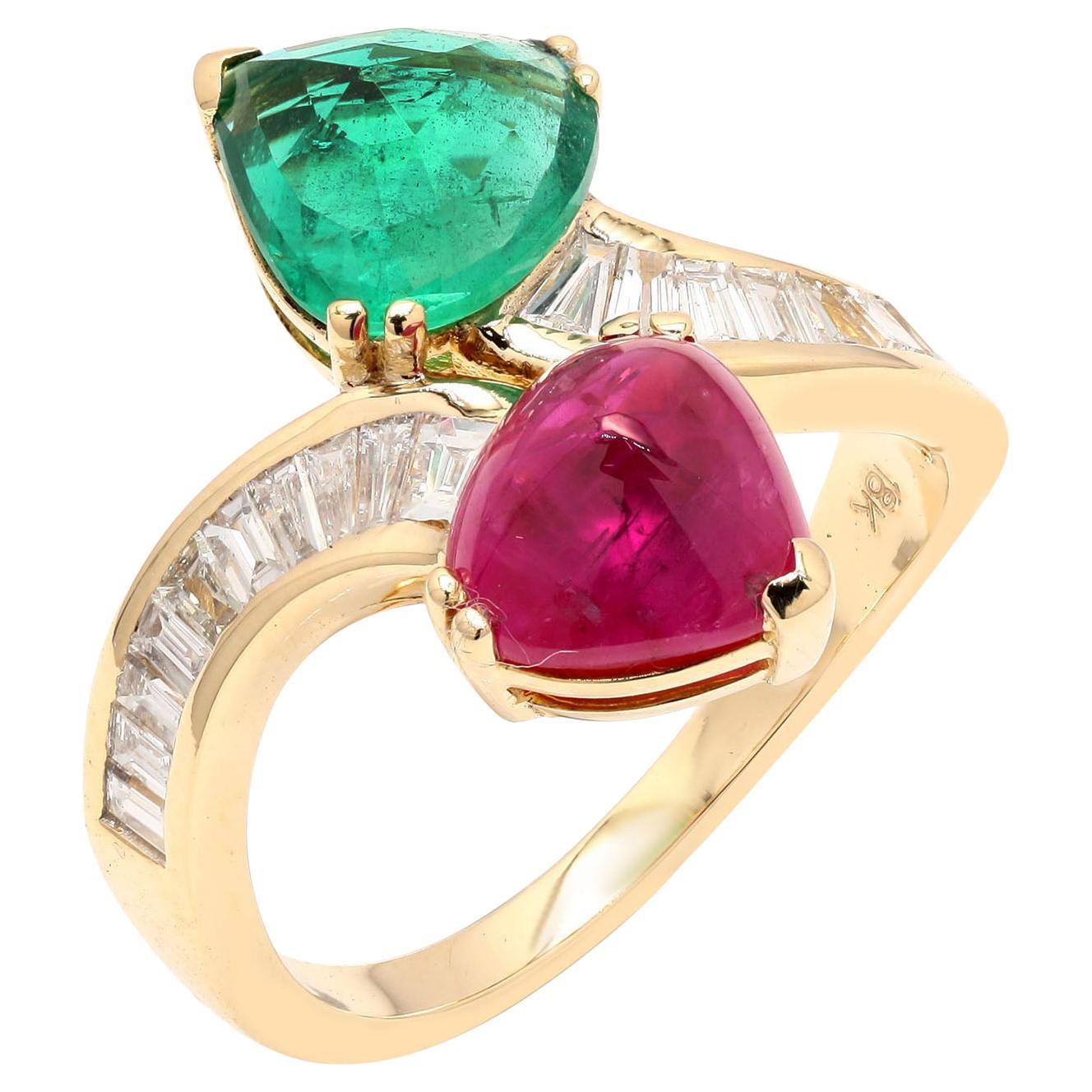 Toi Et Moi Ruby & Emerald Hearts Ring With Diamonds Made In 18k Yellow Gold For Sale