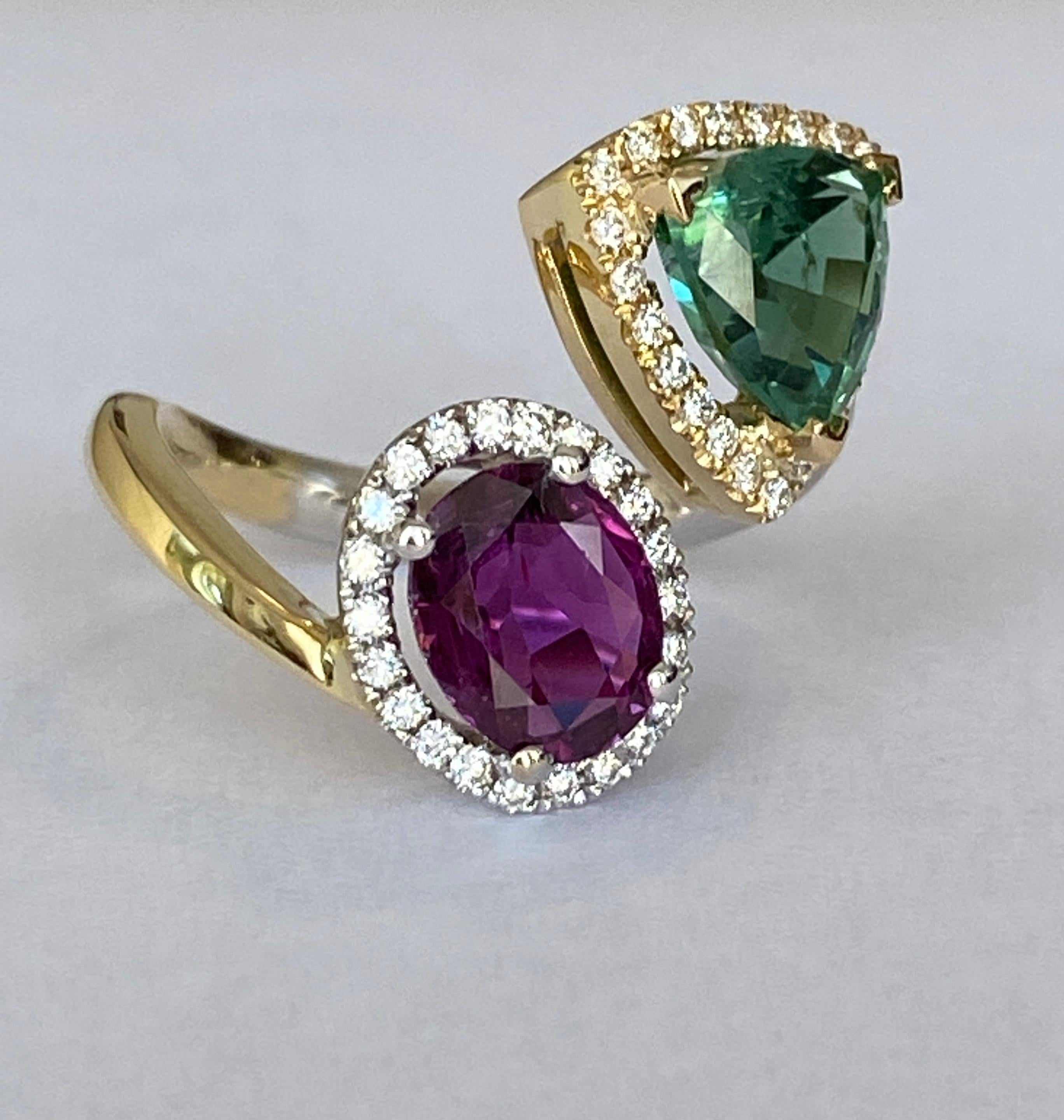 Toi et Moi Saphir-Turmalin  und Diamant-Cocktailring Damen