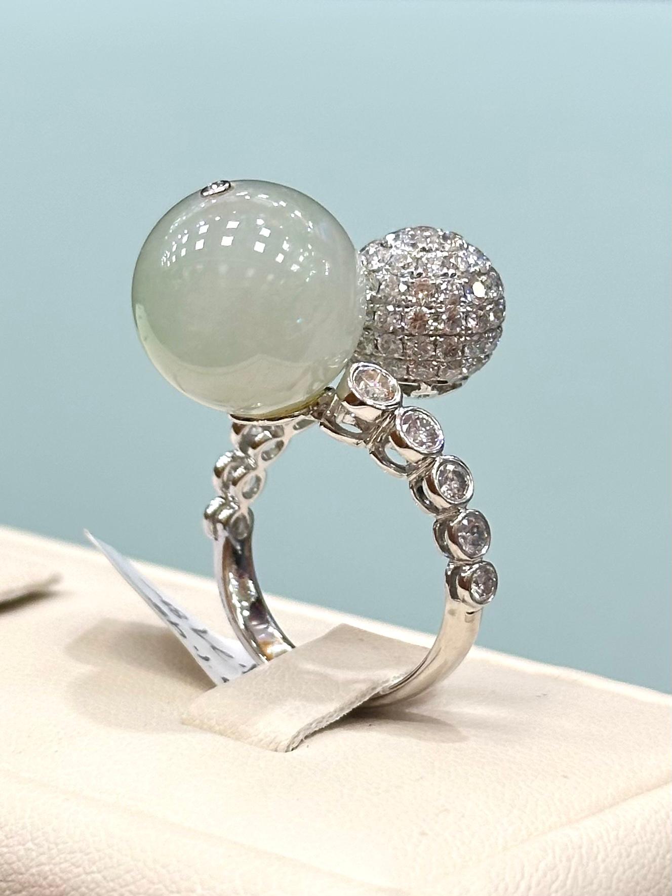 Ball Cut Toi et Moi Spherical Jade and Diamond Ring in 18k White Gold For Sale