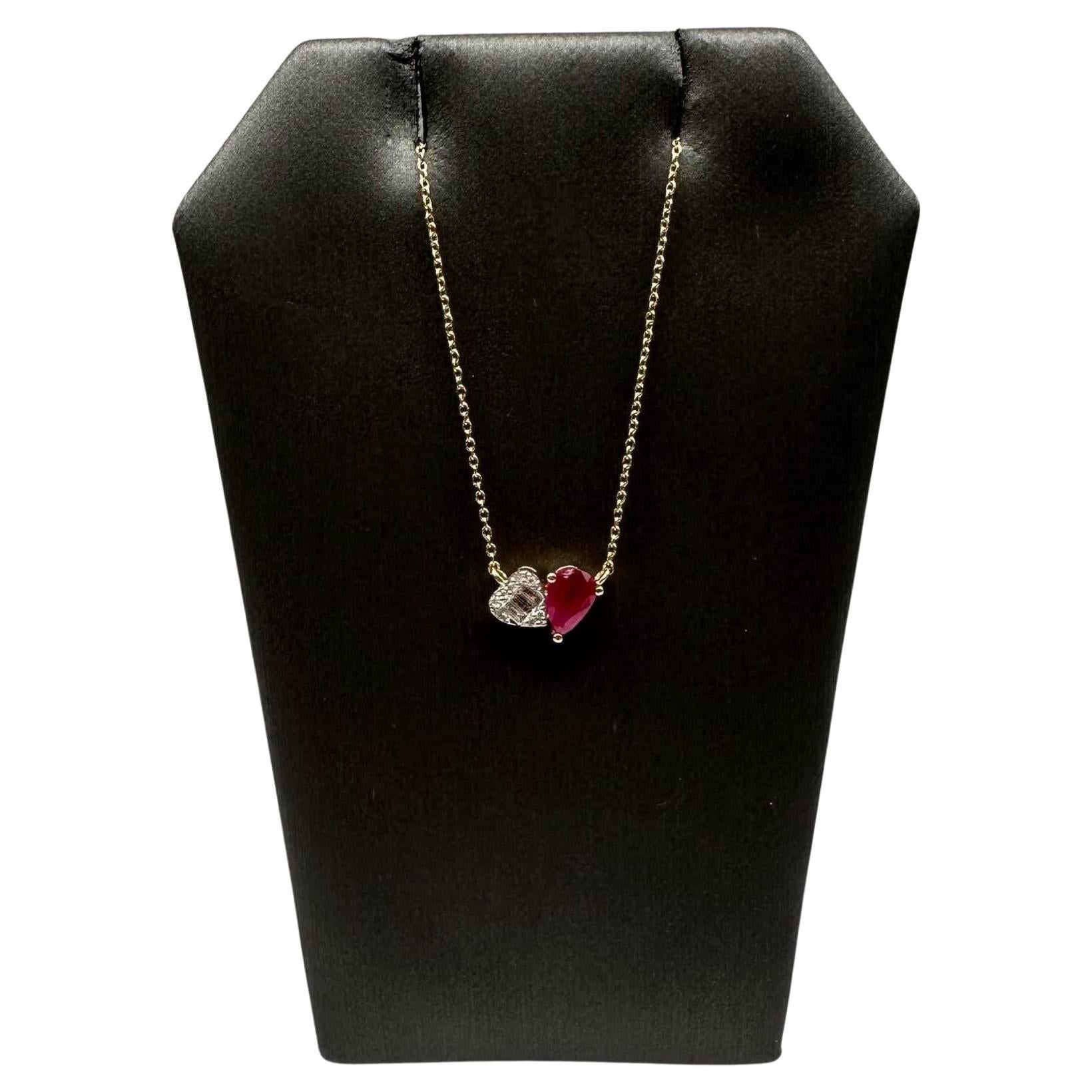 Halskette im Toi Et Moi-Stil mit Rubin und Diamanten aus 14 Karat Gelbgold - 0,15 Karat Diamanten