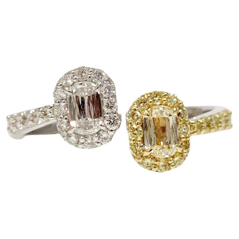 Marquise Shaped Yellow and White Diamond Two Stone Toi et Moi Ring For ...