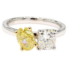 Toi Et Moi White & Yellow Diamond Ring GIA Certified Cushion Oval 18K White Gold