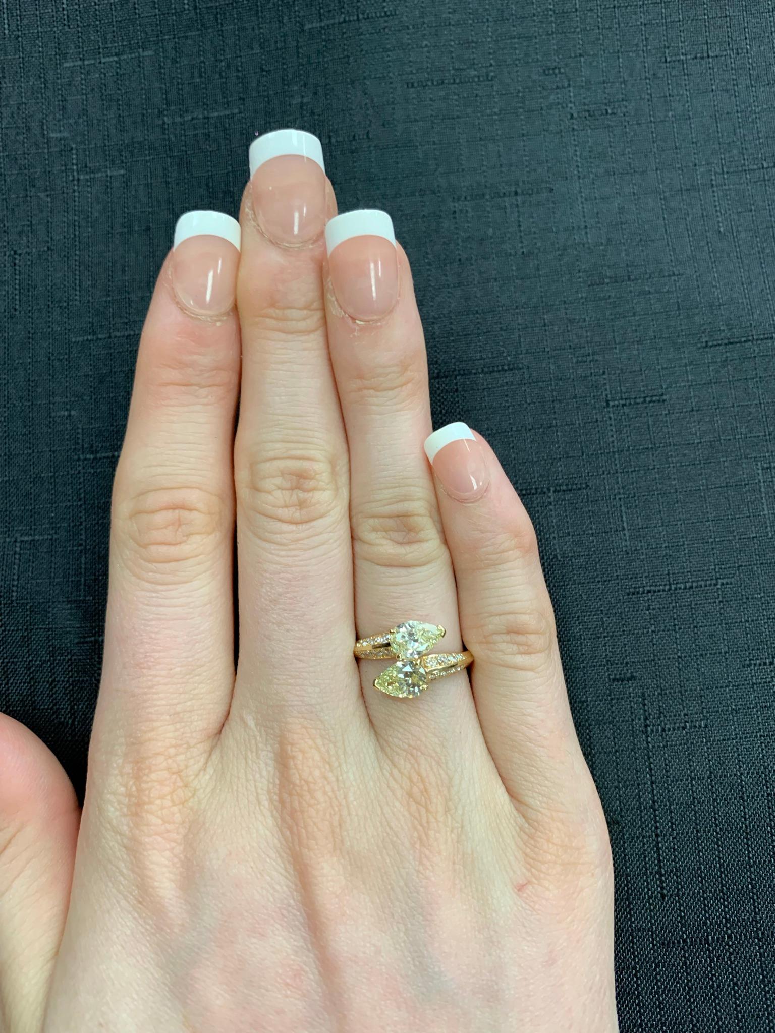 Pear Cut Toi Et Moi Yellow Diamond Double Pear-Shape Ring with White Round Diamonds, 18k For Sale
