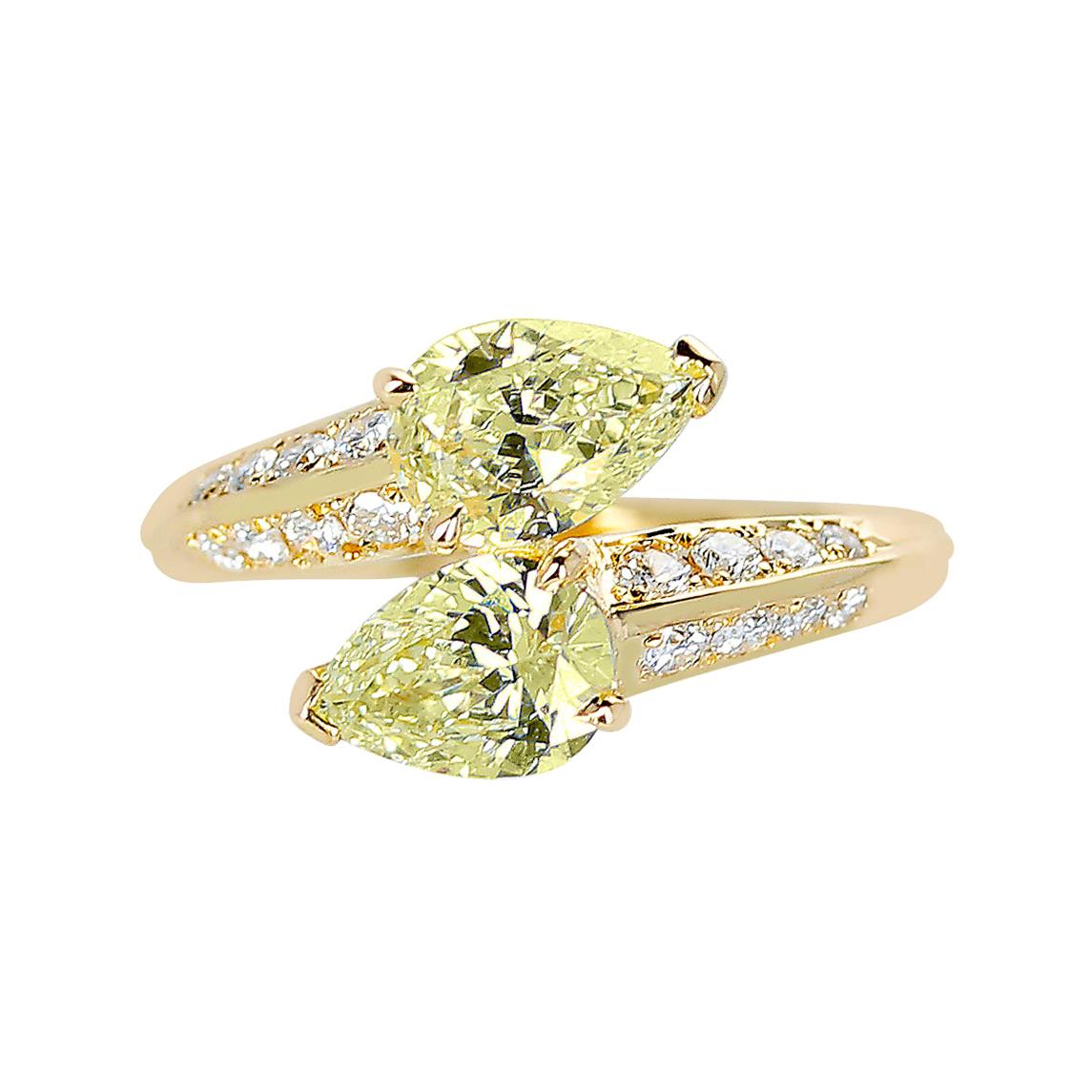 Bague Toi Et Moi à double diamant jaune en forme de poire avec diamants ronds blancs, 18 carats