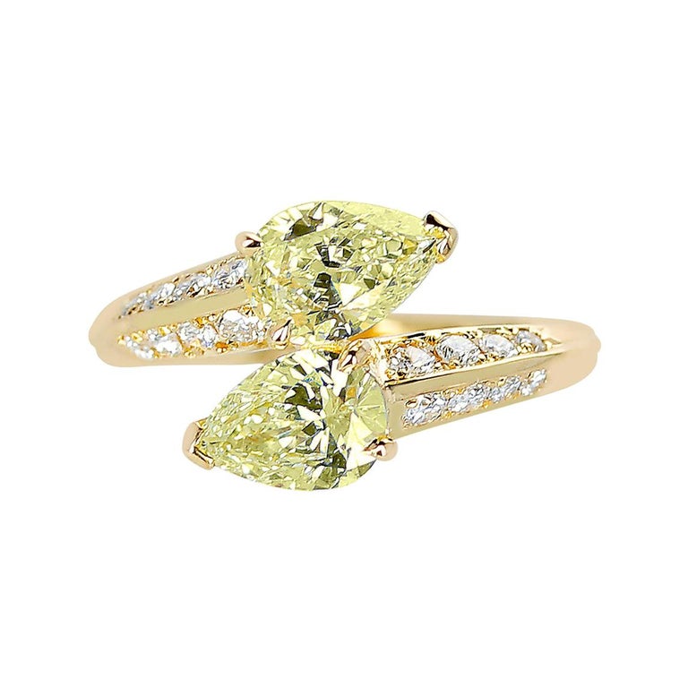 Toi Et Moi Yellow Diamond Double Pear-Shape Ring with White Round Diamonds, 18k For Sale