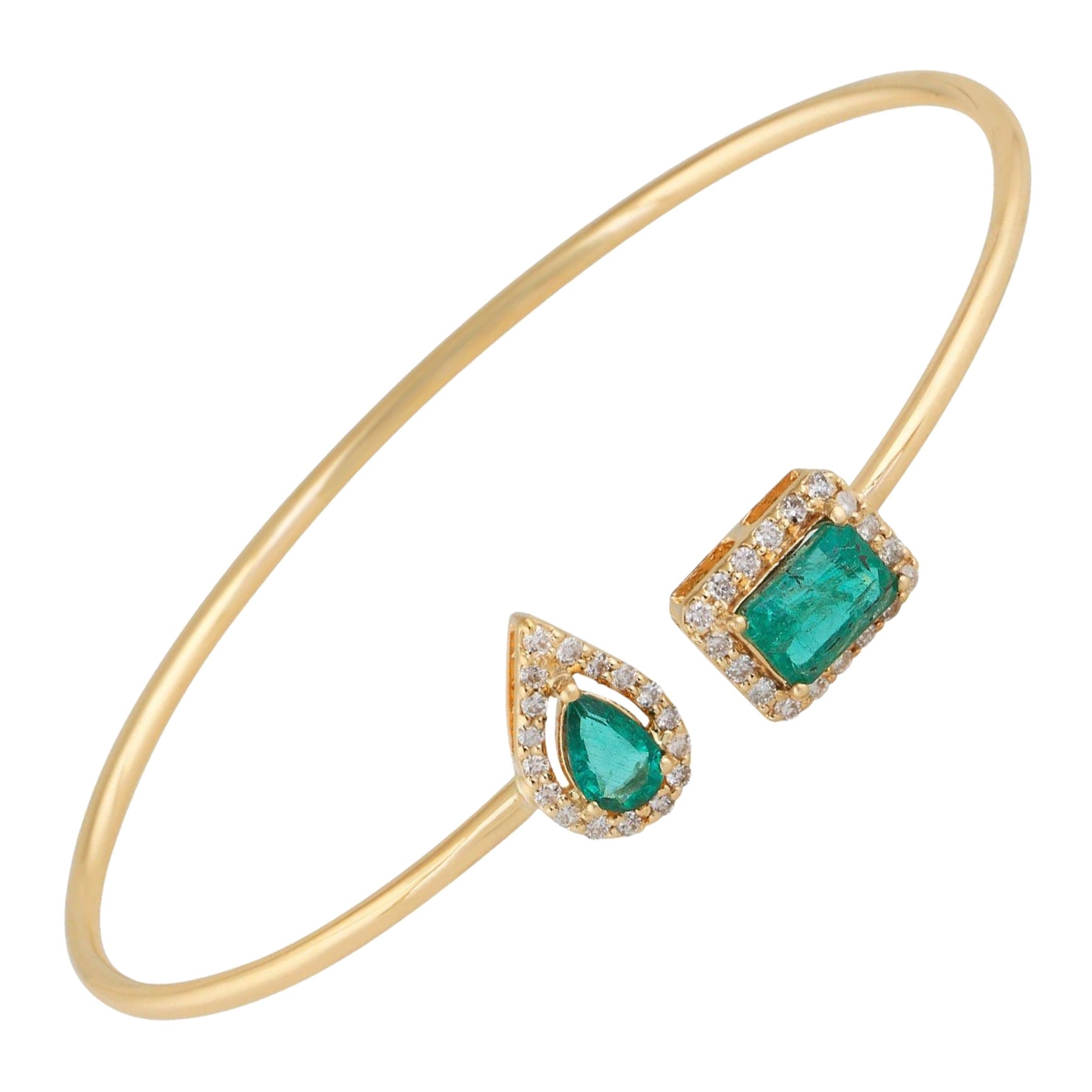 Toi Et Moi Zambian Emerald Diamond Halo Yellow Gold Cuff Bracelet Minimal Gift