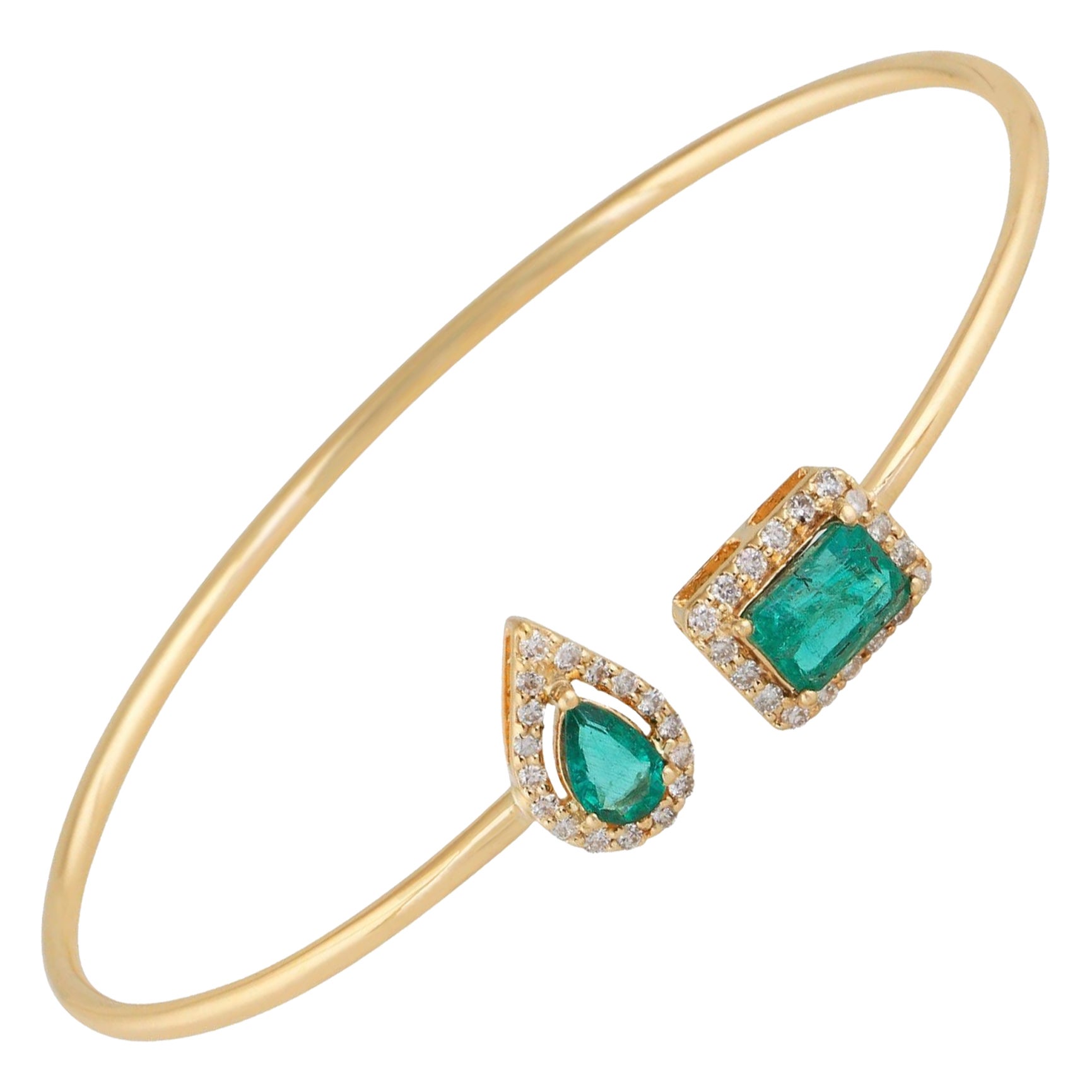 Toi Et Moi Zambian Emerald Diamond Halo Yellow Gold Cuff Bracelet Minimal Gift