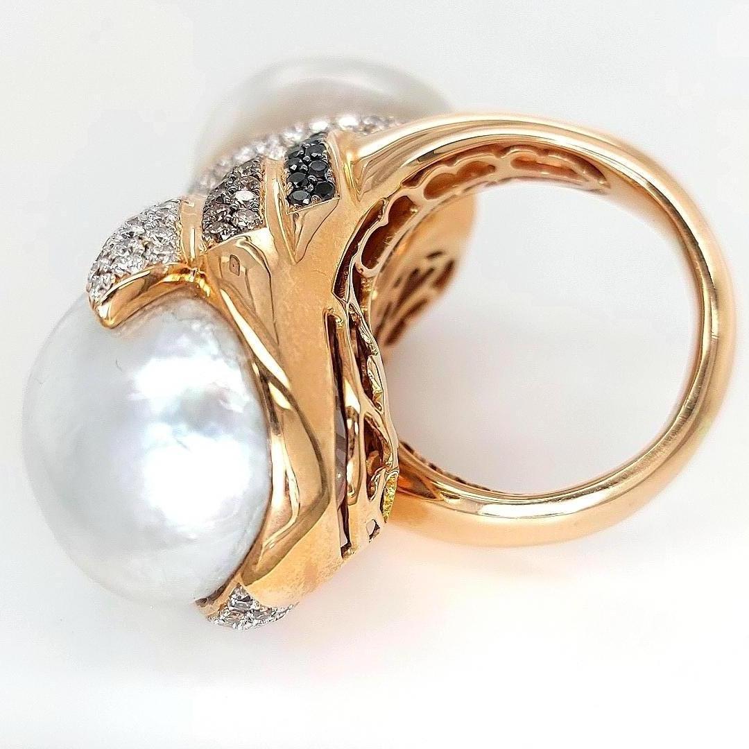 Grande bague Toi & Moi en perles des mers du Sud avec diamants blancs, noirs et bruns en vente 5