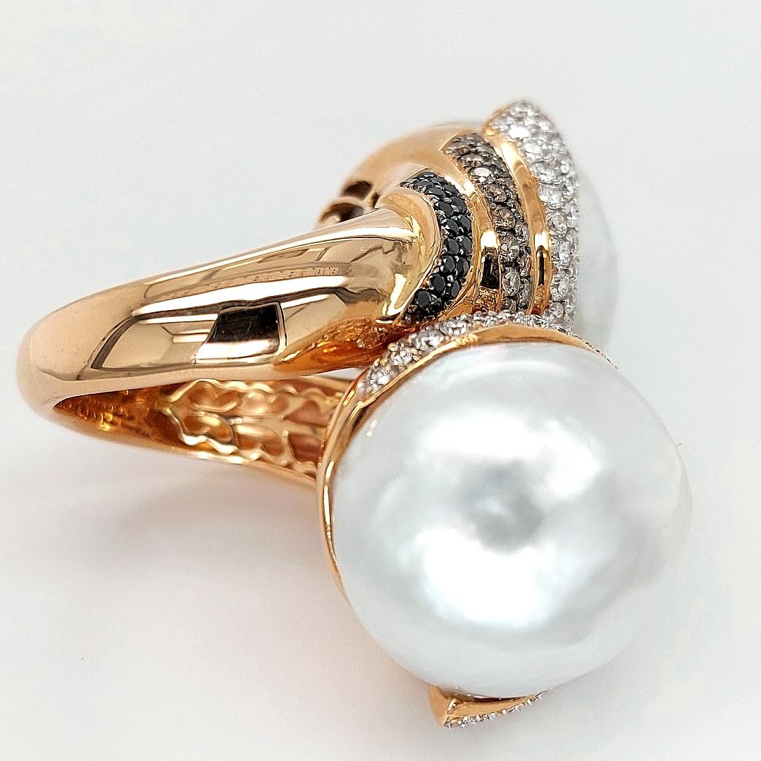 Toi & Moi Huge Australian South Sea Pearl Ring with White, Black, Brown Diamonds For Sale 3