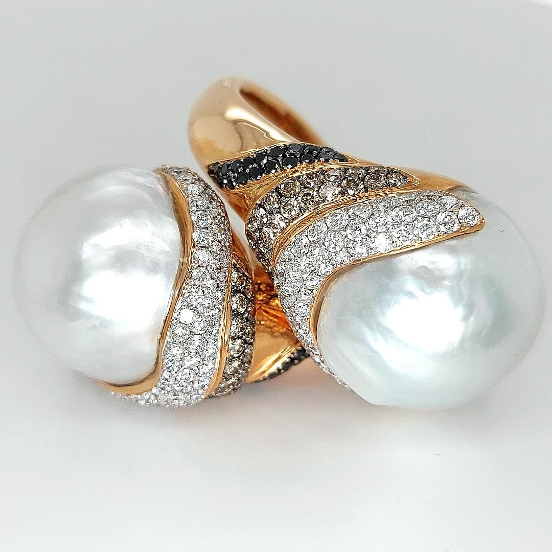 Grande bague Toi & Moi en perles des mers du Sud avec diamants blancs, noirs et bruns en vente 7