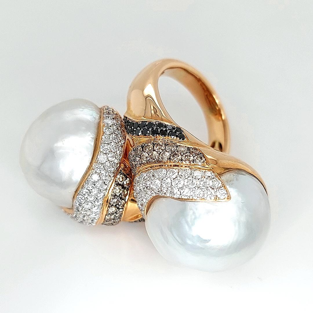 Grande bague Toi & Moi en perles des mers du Sud avec diamants blancs, noirs et bruns en vente 8