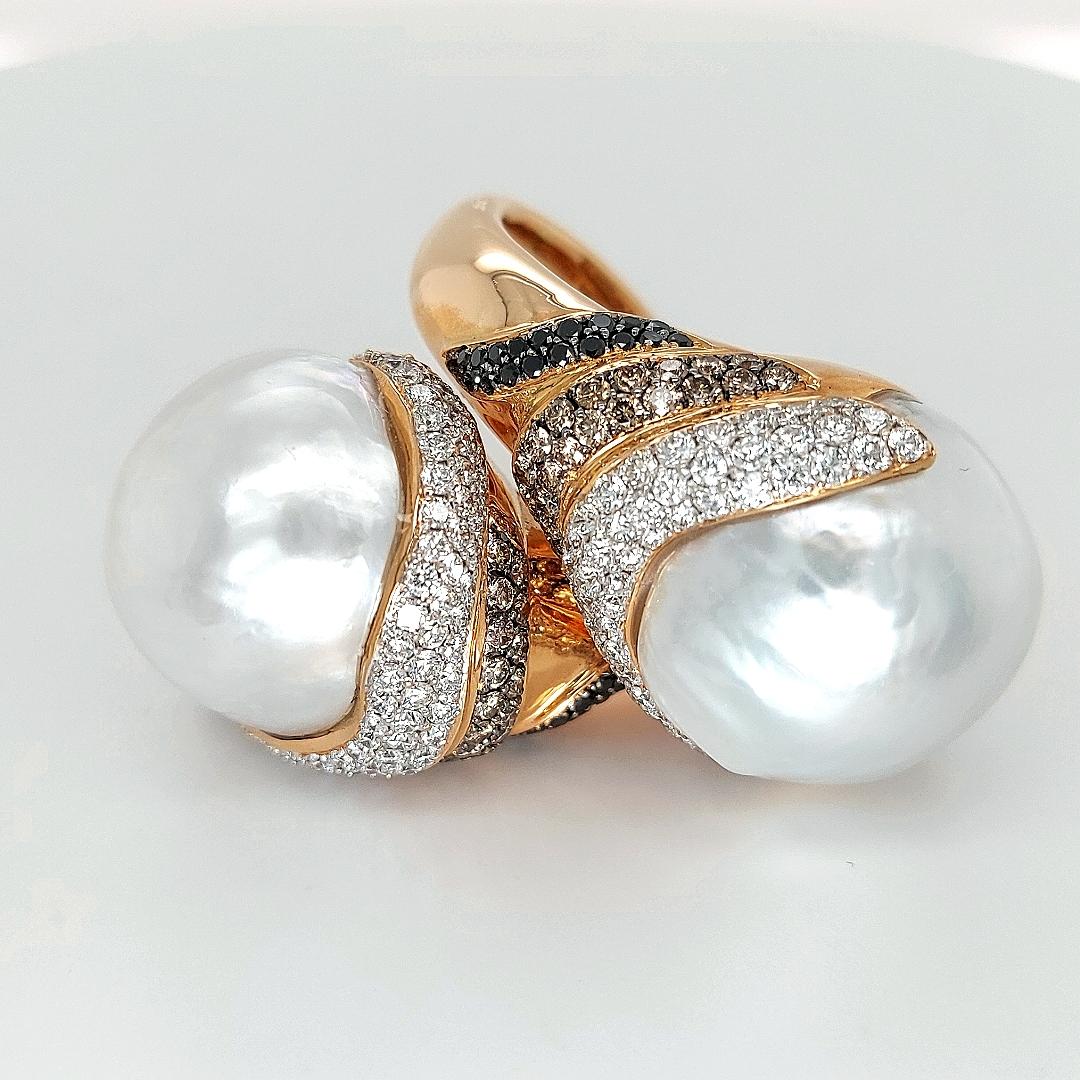 Grande bague Toi & Moi en perles des mers du Sud avec diamants blancs, noirs et bruns en vente 10
