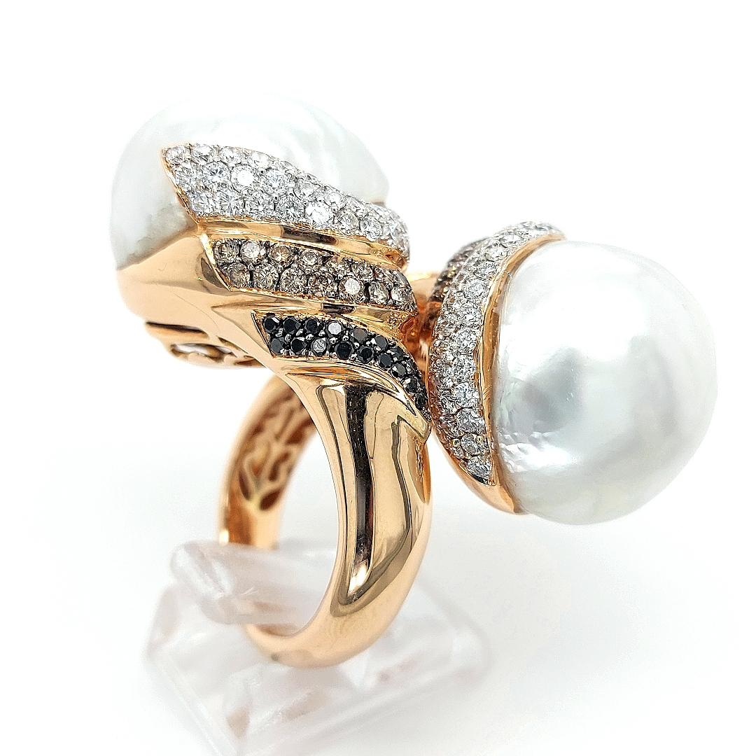 Grande bague Toi & Moi en perles des mers du Sud avec diamants blancs, noirs et bruns en vente 2