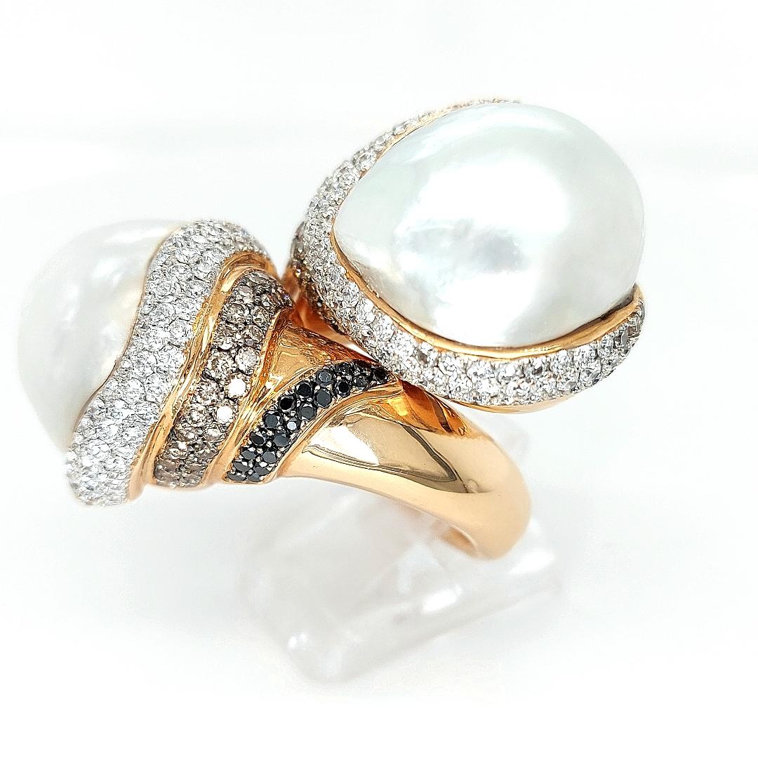 Toi & Moi Großer australischer Südseeperlenring mit weißen, schwarzen, braunen Diamanten im Angebot 3