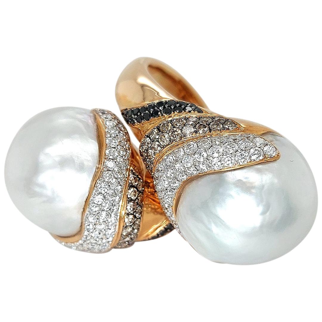 Grande bague Toi & Moi en perles des mers du Sud avec diamants blancs, noirs et bruns