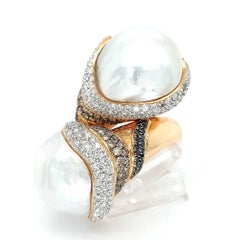 Toi & Moi Huge Australian South Sea Pearl Ring with White, Black, Brown Diamonds
